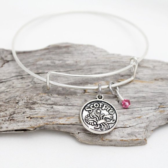 October Scorpio Adjustable Charm Bangle - Handmade Zodiac Bracelet - Picture 2 of 12
